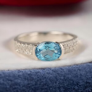 Lab Grown Aquamarine Silver Ring with White Stone | Elegant Sterling Silver Statement Ring | March Birthstone Ring