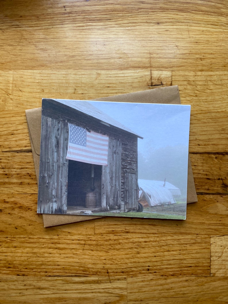 Foggy Flag on Barn Photo Notecard Free Shipping image 1