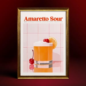 Póster enmarcado de cóctel Amaretto Sour – Arte mural retro para bar – Impresión moderna de recetas de bebidas – Decoración de cocina para bar en casa – Arte de bebida con cerezas y cítricos