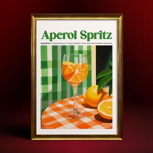 Póster de cóctel Aperol Spritz enmarcado – Arte mural con receta de bebida de verano – Impresión retro de barra naranja – Decoración de cocina moderna – Regalo para amantes del prosecco