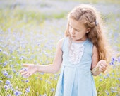 Flower girl dress and hair clips in light blue - Light blue special occasion girl linen dress