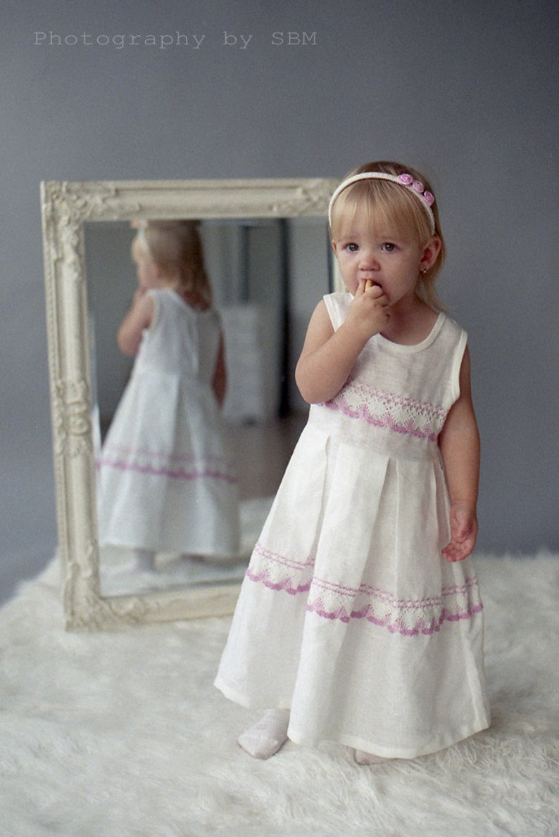 white linen flower girl dress