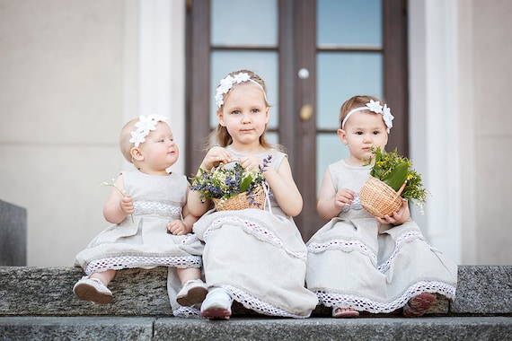 Rustic Flower Girl Dress And Headband Set Linen Girl Dress Etsy