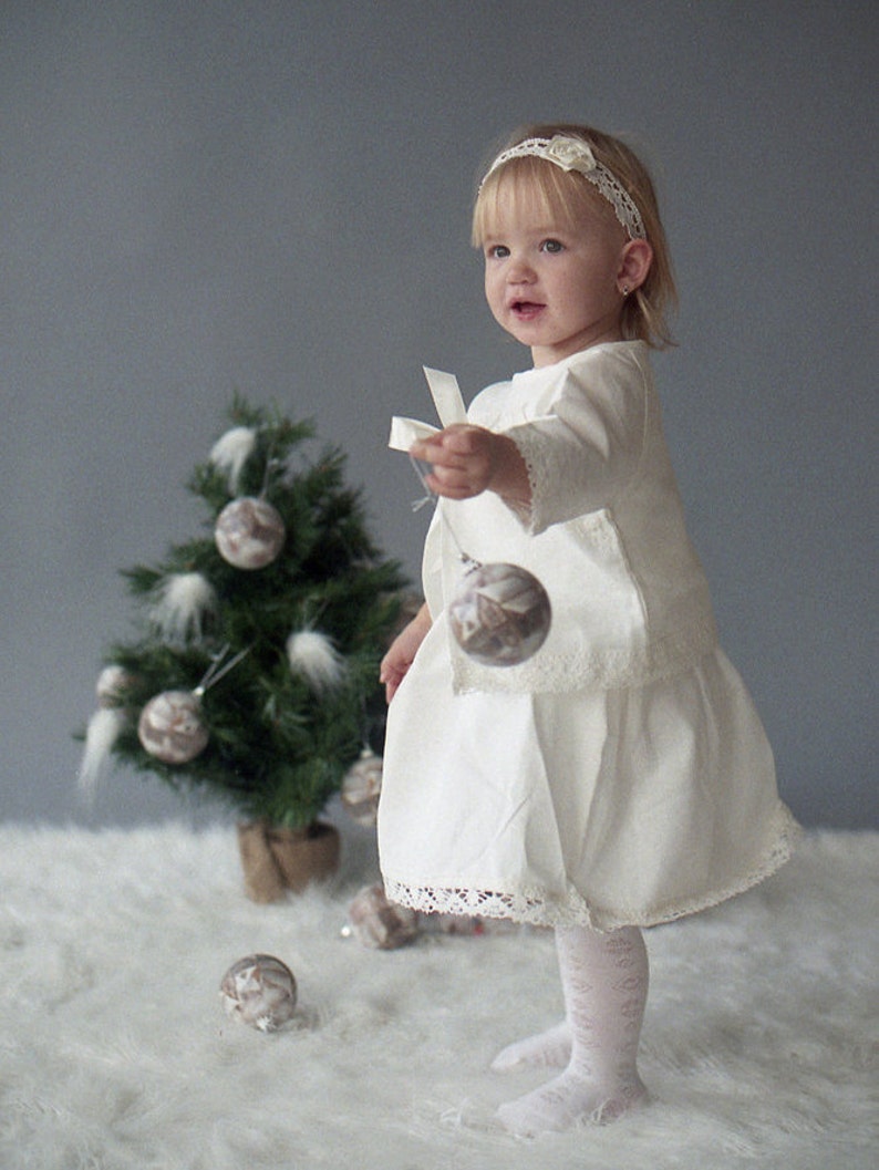 Flower girl  outfit  Girl ivory dress jacket headband tote image 0