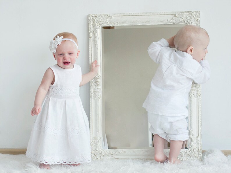 Christening linen dress for baby girl  Baptism girl dress image 1