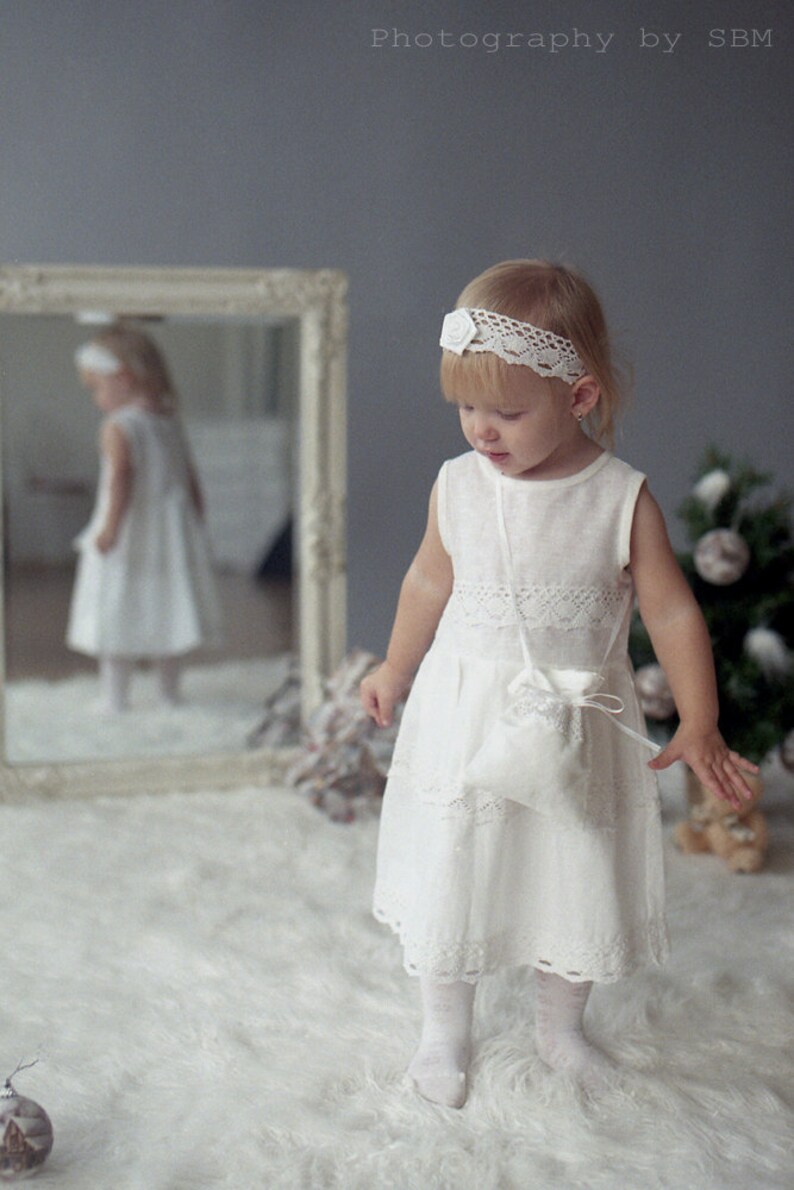 Christening linen dress for baby girl  Baptism girl dress image 2