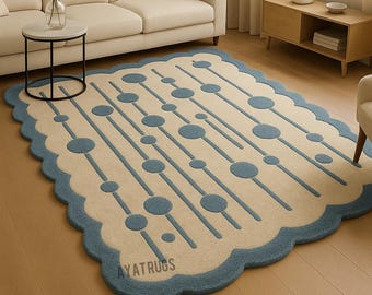 Ausgebogter Teppich, Geometrischer Blauer Creme Teppich, Mid Century Kinderzimmer Dekor, Gewellter Getufteter Teppich