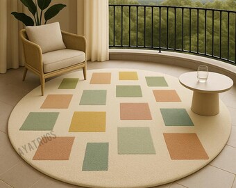 Modern Round Area Rug, Geometric Pastel Wool Rug, Scandinavian Minimal Carpet,Bedroom Decor, Custom