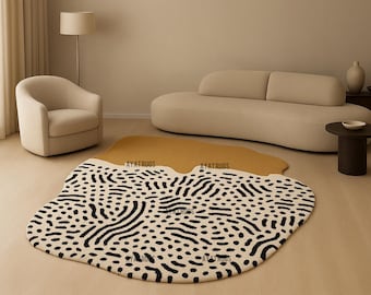 Hand Tufted Abstract Irregular Wool Rug – Modern Black Ivory Contemporary Area Carpet