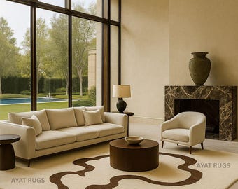 Alfombra abstracta tejida a mano de 6x9 pies, alfombra de lana color crema y marrón, alfombra moderna de ondas orgánicas, decoración de lujo para sala de estar y dormitorio, tamaño personalizado disponible.