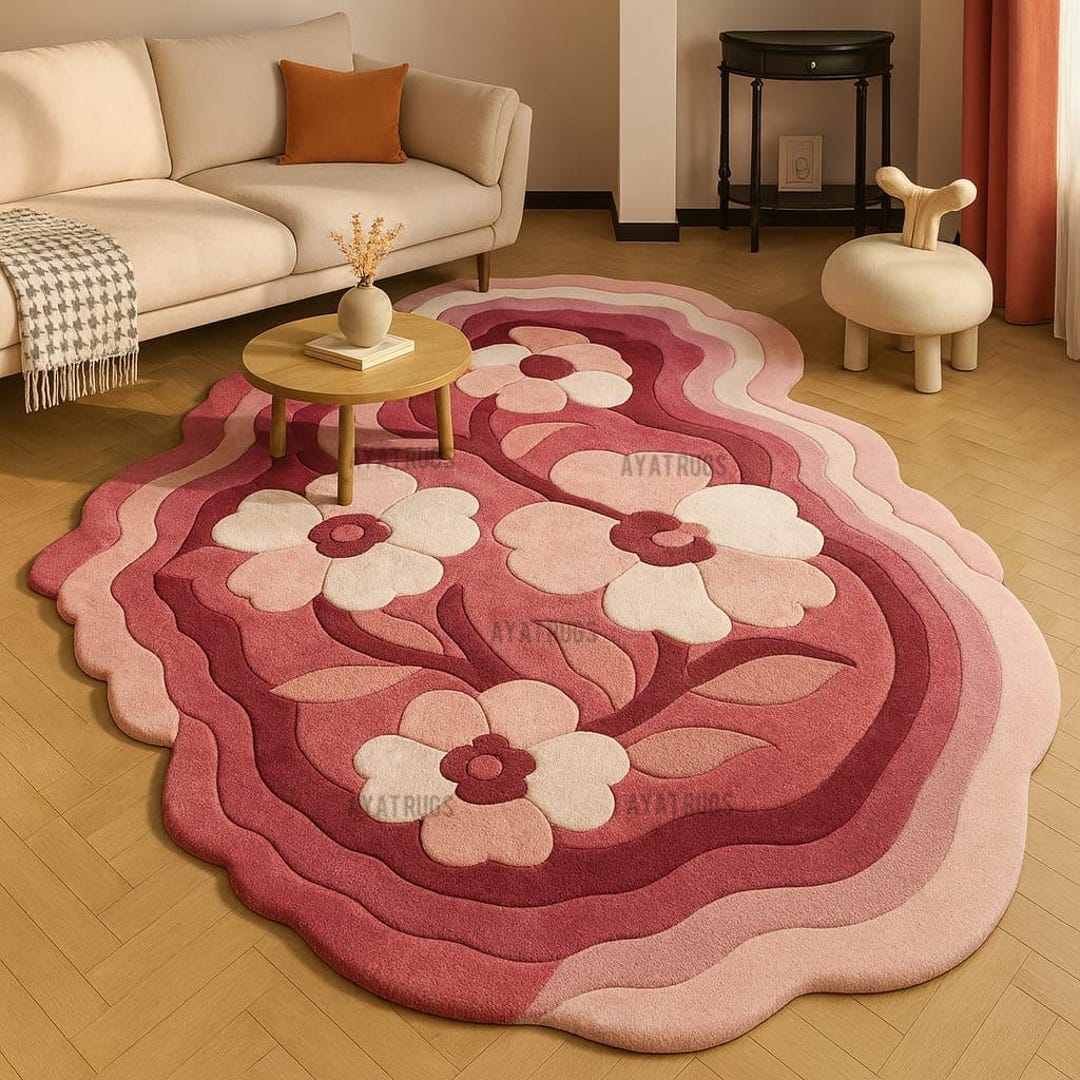 Pink Flower Rug, Wavy Floral Area Rug, Retro Tufted Carpet, Modern ...