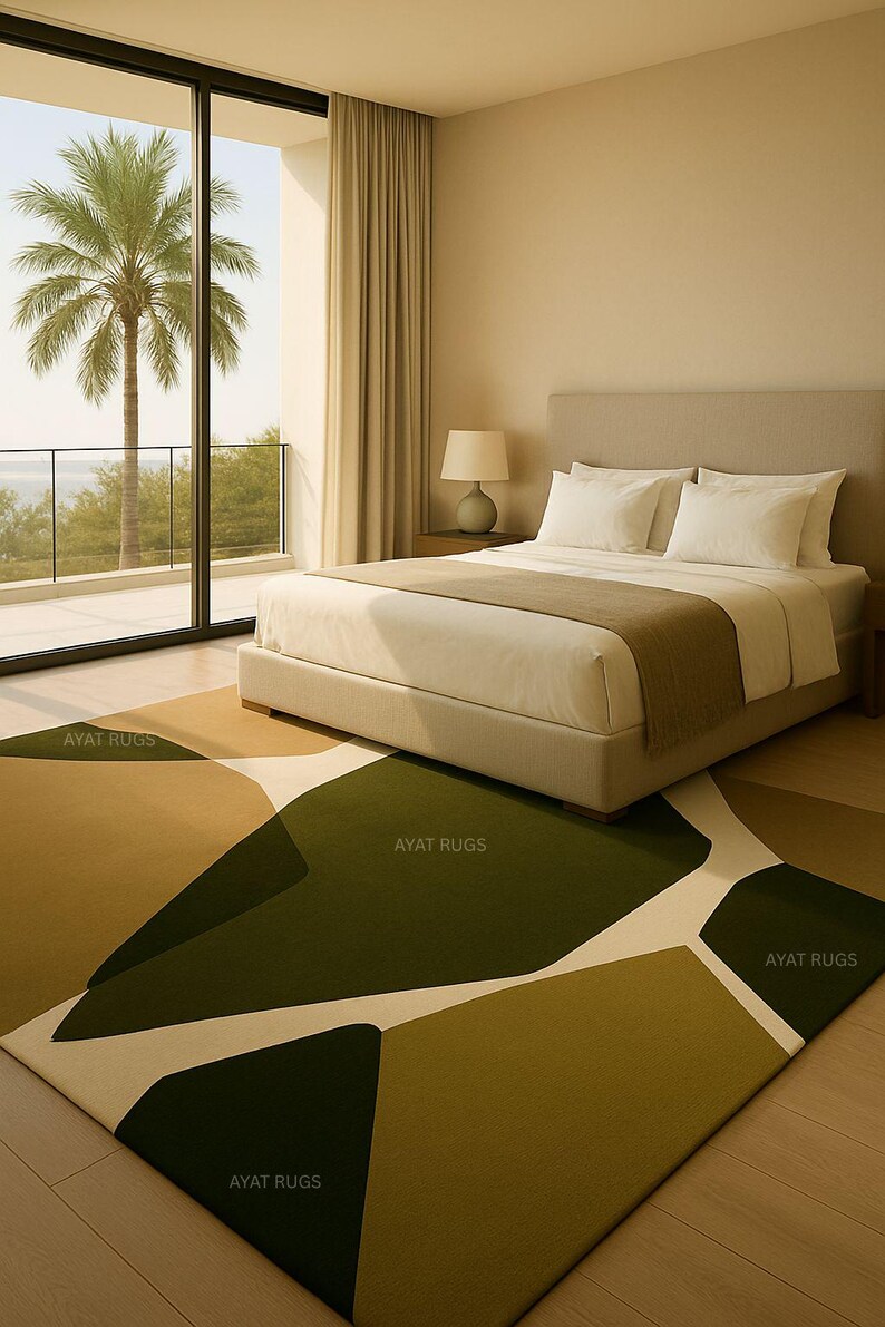 May include: A modern bedroom with a large area rug featuring an abstract design in shades of green, beige, and white. The rug is placed in front of a bed with white linens and a neutral-toned headboard. A large window offers a view of a palm tree.