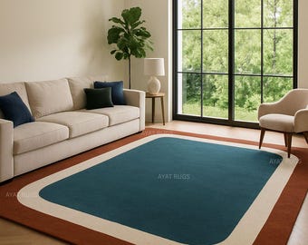 Modern Abstract Area Rug, Blue Beige Geometric Rug, Minimalist Living Room Carpet 6x9