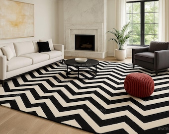 Zig-Zag Black and white striped handmade tufted area rug