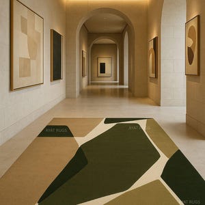 May include: A modern geometric rug with a pattern of olive green, tan, and white shapes. The rug is in a hallway with framed artwork and arched doorways. The text "AYAT RUGS" is visible on the rug.