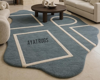Luxury Modern Abstract Blue Area Rug – Hand Tufted Geometric Carpet | Irregular Shape Statement Rug