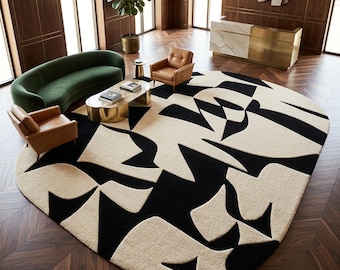 Hand Tufted Wool Rug, Abstract Organic Shape, Black Ivory Modern Carpet