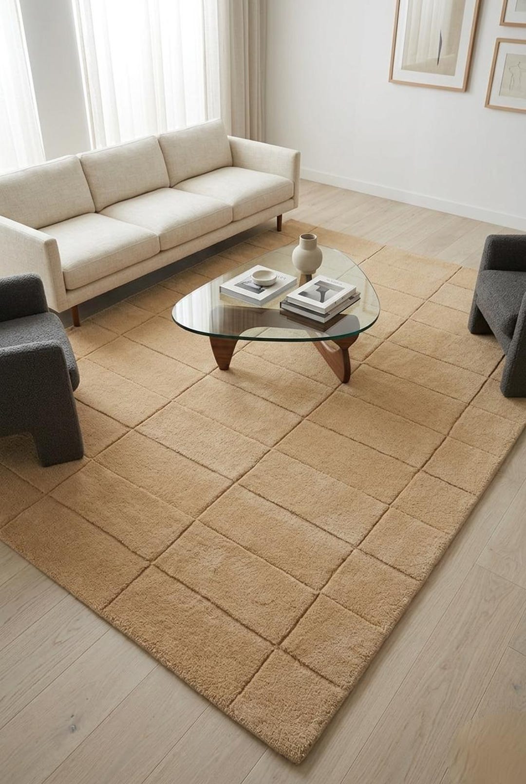 Beige Check Rug Modern Beige Checkered Rug | Hand Tufted Wool Area Rug | Minimalist ...