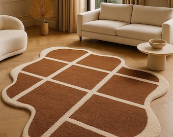 Alfombra marrón de 5x7 pies, alfombra geométrica tejida a mano, alfombra abstracta moderna marrón marfil, alfombra para sala de estar y dormitorio, alfombra de decoración contemporánea para el hogar.