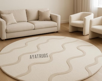 6ft Round Area Rug | Modern Minimalist Cream Rug | Soft Plush Living Room Carpet | Nordic Abstract Bedroom Nursery Decor