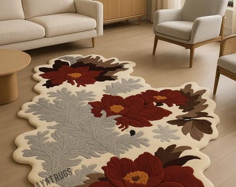 Alfombra de lana floral hecha a mano, moderna y lujosa, con mechones a mano, personalizada, con forma irregular.