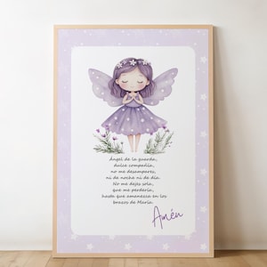 Spanish Guardian Angel Print: Customizable Name, Purple Fairy Art (Digital Download)