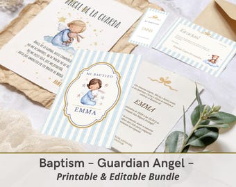Bautizo Girl Bundle Spanisch - Guardian Angel Gebetsdruck, bearbeitbare Einladung Katholik, Babyparty-Andenken Digitaler Download