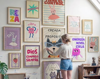 Spanische christliche Wandkunst Mädchen-Bündel - buntes Kinderzimmerdekor, Glaube Poster, Spielzimmerdrucke Digitaler Download,