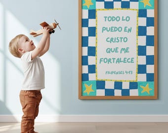 Philipper 4:13 Spanische Wandkunst Jungen - Todo lo Puedo en Cristo, christliche Kinder, Bibel-Vers zum Ausdrucken
