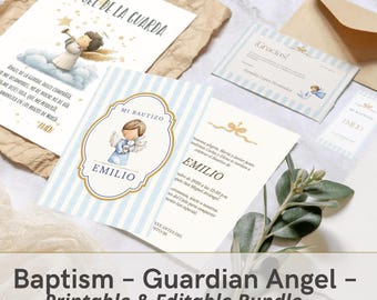 Spanische Taufe Bundle Junge - Schutzengel Gebetsdruck, bearbeitbare Bautizo Einladung, katholische Gefälligkeiten Digitaler Download