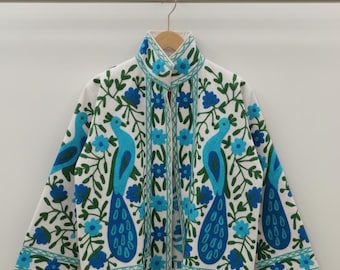 Picock Handmade Suzani Embroidered Velvet Jacket, White Colour Peacock Embroidery Boho Coat, Handmade Suzani Velvet Jacket Women