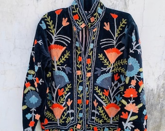 Black Velvet Suzani Jacket, Handmade Multicolor Floral Embroidered Coat, Boho Festival Wear, Artisan Vintage Style Short Jacket for Women