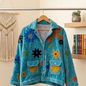 Boho Velvet Embroidered Jacket, Handmade Floral Patchwork Coat, Colorful Artwear Jacket, Hippie Festival Outerwear, Statement Gift for Her