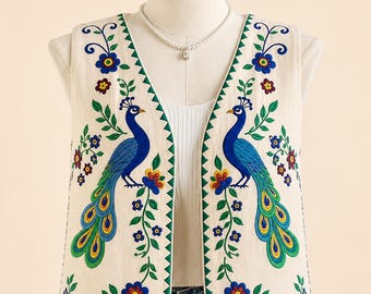 Handmade Peacock Embroidered Vest, Boho Floral Waistcoat, Folk Art Sleeveless Jacket, Vintage Style Ethnic Vest, Colorful Statement Piece.