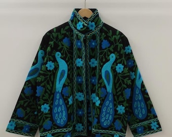Handmade Suzani Embroidered Velvet Jacket: Peacock Boho Coat