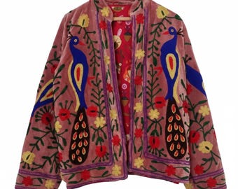 Handmade Suzani Embroidered Velvet Jacket, Boho Peacock Coat