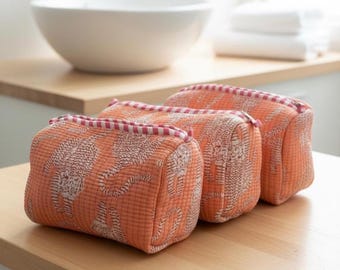 Handmade Tiger Print Cotton Toiletry Bag: Quilted Boho Makeup Pouch 3 pieces Gift for