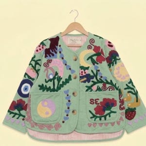 Mint Green Boho Embroidered Jacket, Vintage Floral Coat, Handmade Patchwork Cardigan, Artistic Statement Outerwear | Gift For Baby.