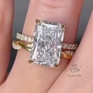 4 CT Radiant Cut Moissanite Engagement Ring, 14K Solid Gold, Hidden Halo Twisted Shank Band, Hidden Halo Ring, Surprise Wedding Gift for Mom