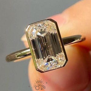 4 CT Elongated Emerald Cut Bezel Moissanite Engagement Ring, 14K Solid Yellow Gold, Emerald Bezel Set Ring, Promise Ring Wedding gift