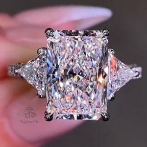 4 CT Radiant Cut Three Stone Moissanite Engagement Ring, 14K Solid Gold, Trillion Trilogy Side Stone, Anniversary, Wedding Gift Promise Ring