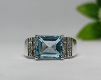 Anel masculino com sinete de água-marinha natural, prata esterlina 925, corte quadrado, pedra do mês de março, presente para ela.