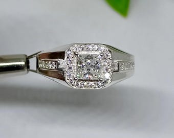 Princess Cut 1Ct Moissanit Herrenring, VVS1 zertifizierter Moissanit Verlobungsring Herren, 925 Sterling Silber, quadratischer Moissanit Diamant Ring