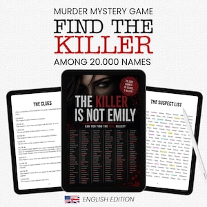 Gra detektywistyczna do druku – Znajdź mordercę – Zabójcą nie jest Emily – Wyeliminuj 20 000 imion – PDF – Gra na iPada – Książka z łamigłówkami