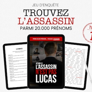 Peut inclure: Jeu d'enquête "Trouvez l'assassin parmi 20.000 prénoms" affiché sur trois tablettes. La couverture du jeu montre le dos d'un homme. Un tampon rouge indique "Tome 1". Le jeu comprend des indices et une liste de noms.