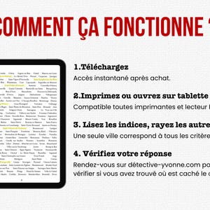 Peut inclure: Une tablette affichant une liste de noms de villes fran&ccedil;aises avec le titre COMMENT &Ccedil;A FONCTIONNE. Le texte d&eacute;taille quatre &eacute;tapes : 1. T&eacute;l&eacute;chargez, 2. Imprimez ou ouvrez sur tablette, 3. Lisez les indices, rayez les autres villes, 4. V&eacute;rifiez votre r&eacute;ponse.