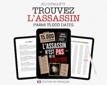 Jeu d'enquête imprimable - Trouvez l'assassin - L'assassin n'est pas né le 12/07/1998 - Elimina 15 000 date - PDF - Jeu iPad - Libro puzzle