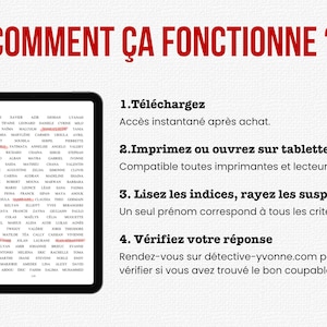 May include: A tablet displaying a list of names with some crossed out in red, accompanied by the text COMMENT &Ccedil;A FONCTIONNE? and four numbered steps in French explaining how to download, print, read clues, and verify the answer online.
