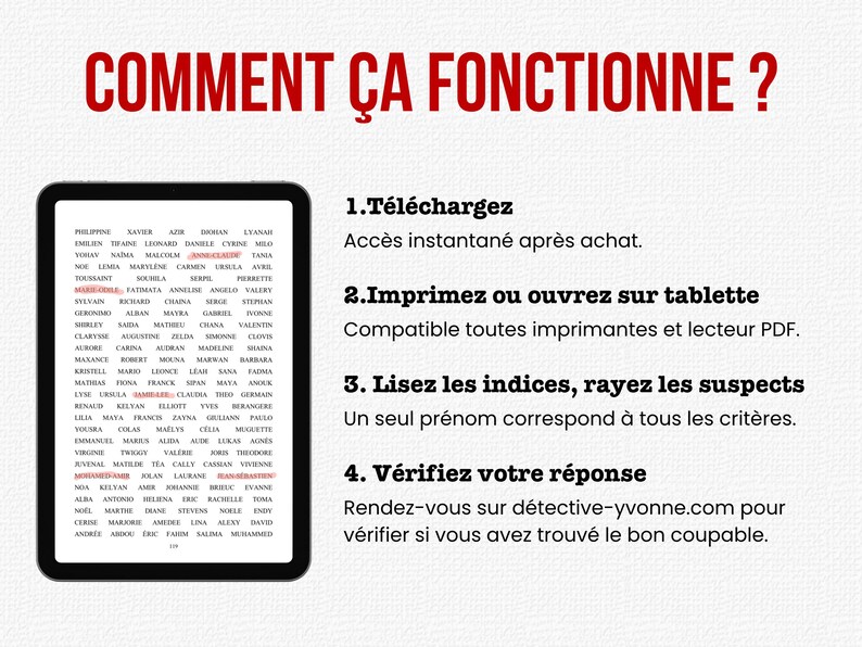 May include: A tablet displaying a list of names with some crossed out in red, accompanied by the text COMMENT &Ccedil;A FONCTIONNE? and four numbered steps in French explaining how to download, print, read clues, and verify the answer online.