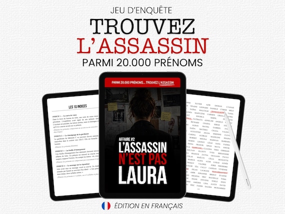 Jeu d'enquête imprimable - Trouvez l'assassin - Tome 2 - L'assassin n'est pas Laura - Eliminez 20 000 prénoms - PDF - Jeu iPad - Puzzle book